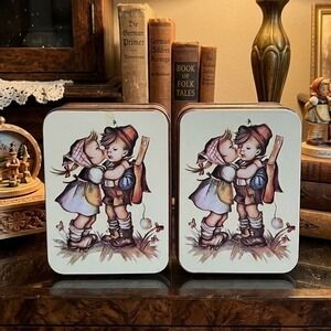 Vintage Giftco Inc Hummel Style Kissing Boy Girl Metal Tins Set of 2 Collectible